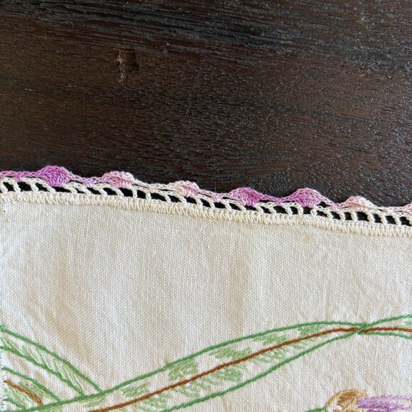 Embroidered Vintage Iris Floral Table Runner With Crocheted Edges - Picture 3 of 4